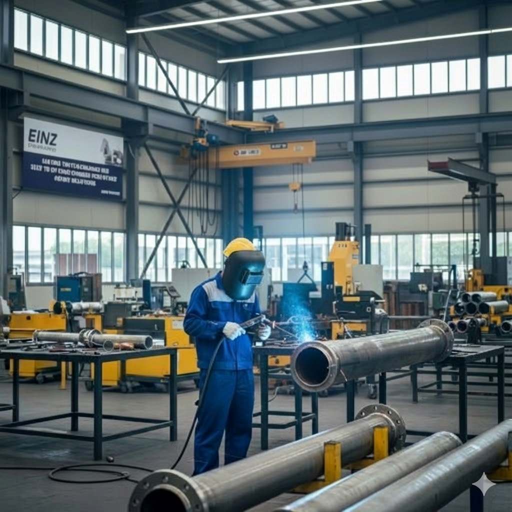 Einz Engineering team performing precision mechanical fabrication of industrial pipes at our Singapore workshop.