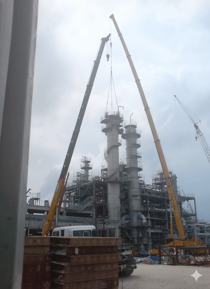 Large-scale industrial facility construction with two cranes